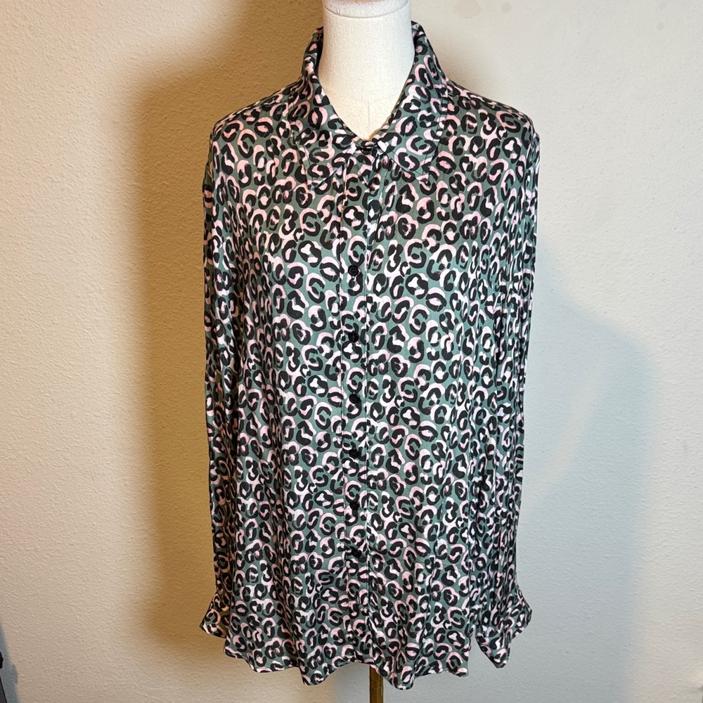 Finley Leopard Print Button-Up Blouse Green/Pink size XL